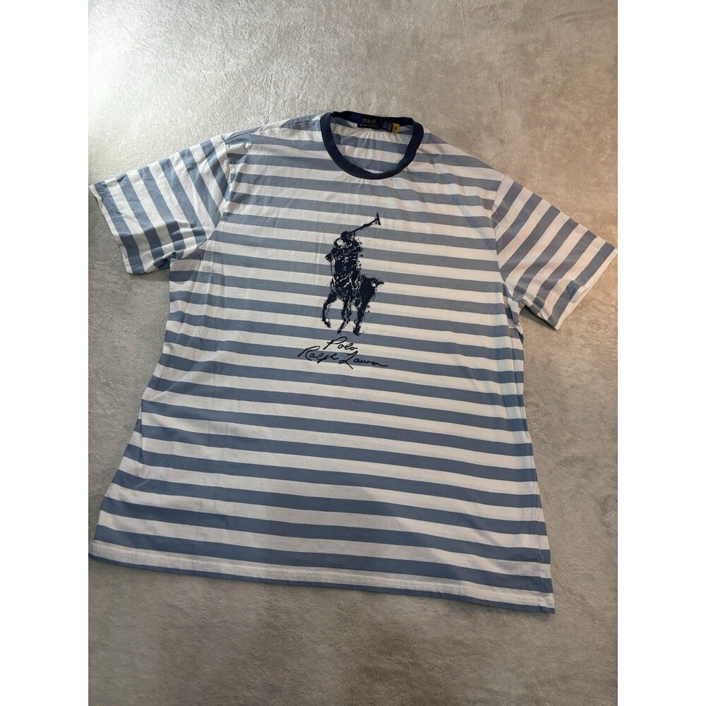 Polo Ralph Lauren Mens Striped Tee Shirt Size XLT Blue White Large Pony Graphic